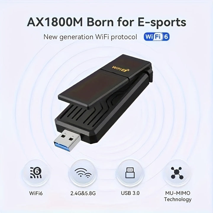 Adaptador sin varillas WiFi 6 USB 3.0 de 1800Mbps, Compatible con PC y Portátil, Adaptador USB WiFi 802.11ax con Tecnología Super USB 3.0 y Seguridad WPA3, Antena Dual de Alta Ganancia 5Dbi, Banda Dual 5.8G/2.4G, Receptor/Transmisor WiFi, Solo Compatible
