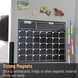 Calendario Magnético Negro Elegante y Eficiente para Nevera - 37.34 x 29.97cm Material PET, Planificador Mensual con Notas Semanales y 4 Marcadores Coloridos, Ideal para Organizar Actividades Familiares y Recordatorios