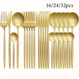 Juego de cubiertos de acero inoxidable dorado pulido, 16/24/32 piezas, en caja de regalo, incluye tenedor, cuchillo y cuchara, apto para lavavajillas, ideal para Navidad, Halloween, Pascua, 4 de julio y otras celebraciones