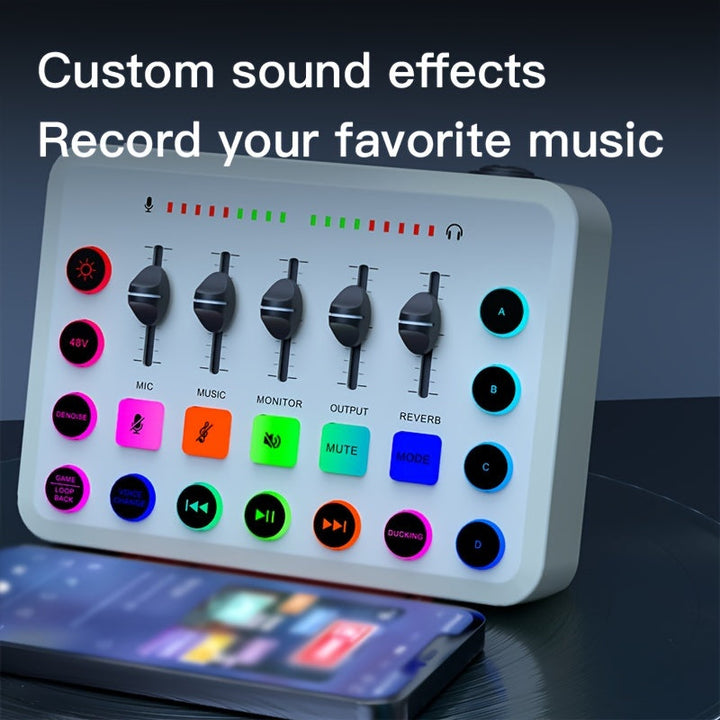 Tarjeta de Sonido en Vivo con Reducción de Ruido de Un Solo Clic, Bloqueo Inteligente de Bajos y Iluminación RGB Vibrante - Recargable por USB, Compatible con Teléfonos/Computadoras