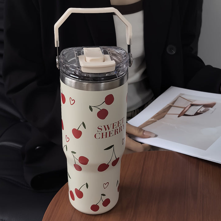 Térmico de acero inoxidable con forma de corazón y cereza, 33.44 oz, con popote y asa, reutilizable, ideal para viajes, gimnasio y actividades al aire libre, con dos bocas para beber, regalo perfecto para días festivos