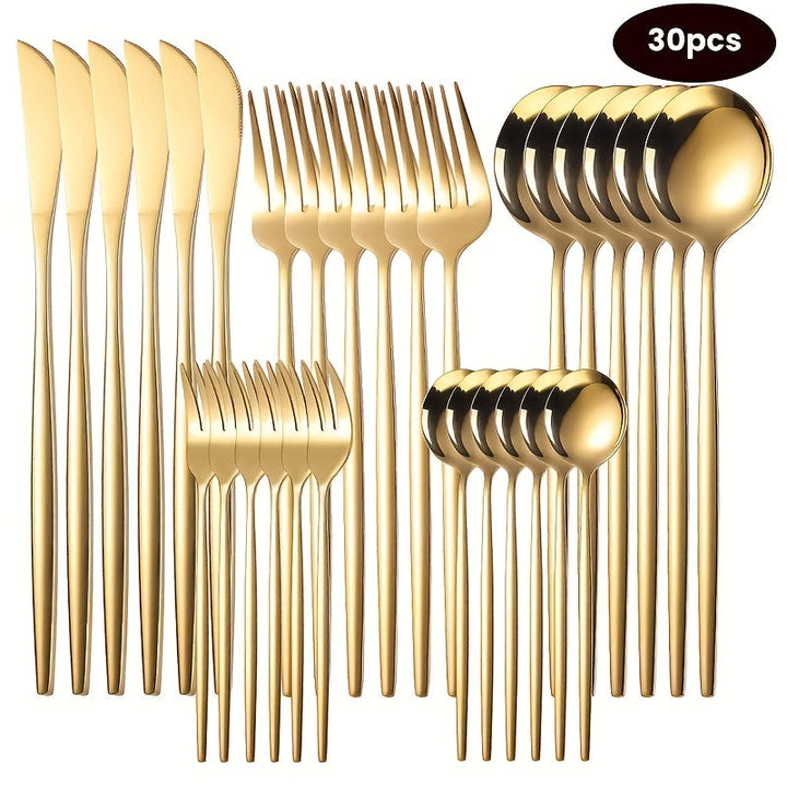 30 piezas de cubiertos de acero inoxidable - Elegantes utensilios pulidos a espejo, cuchillos para carne, tenedores y cucharas de alta calidad, aptos para platos principales y postres.