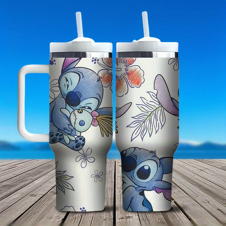1 taza de vacío con asa de Disney Stitch, 40 oz, aislada, con asa, popote, solo lavar a mano, reutilizable, multiusos, no eléctrica, gran capacidad, diseño elegante, con viajes, deportes, actividades al aire libre, para café, bebidas frías y calientes.