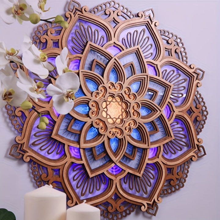 1 pieza de Luz Nocturna Mandala Intrincada - LED Iluminado, Diseño de Loto de Madera Multicapa - Ambiente Sereno para Yoga, Salas de Estar y Dormitorios.