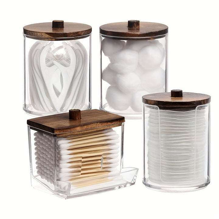 4-Pack Frascos de Boticario de Plástico con Tapas de Madera, 10/7oz Dispensador de Qtip para Baño, Contenedores de Baño para Hilo Dental, Bolas, Hisopos, Almohadillas Redondas