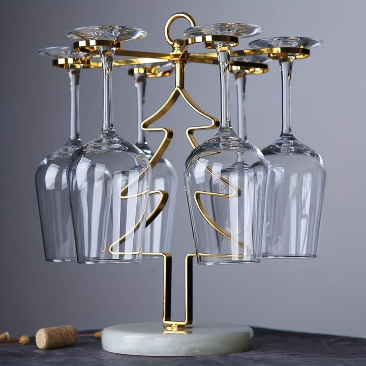 Soporte de vino de árbol de Navidad de 6 vasos - Elegante soporte de metal dorado con adornos decorativos, perfecto para comidas de vacaciones y decoración del hogar, estante de vino de mesa