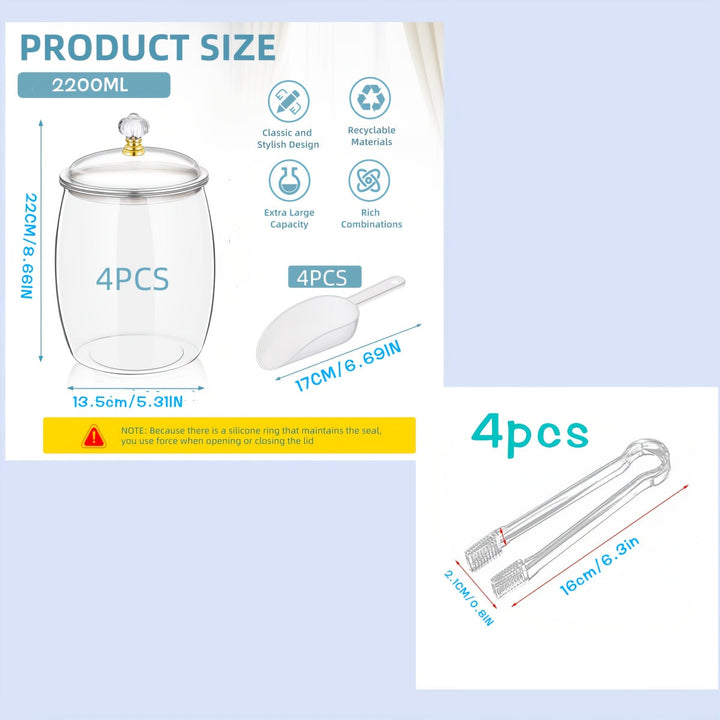 Juego de 4 frascos de dulces con cucharitas, frascos de plástico de 90 oz con tapa, contenedores de acrílico transparente para galletas sellados, recipientes resistentes de boca ancha, ideales para buffet de dulces, escritorio de oficina o mesa del hogar