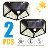 2 Piezas de Lámpara Solar Exterior Súper Brillante, 100 LED, Fuente de Luz Inteligente con Detección Automática en la Oscuridad, Carga Diurna Automática, Iluminación Cuatro Caras, Sensor de Movimiento Incluido, Carga Solar, Instalación Fácil