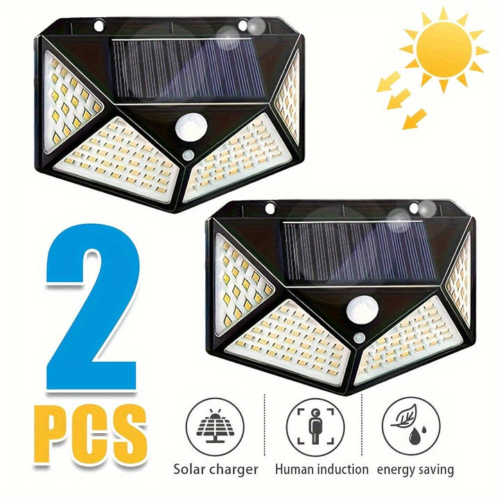 2 Piezas de Lámpara Solar Exterior Súper Brillante, 100 LED, Fuente de Luz Inteligente con Detección Automática en la Oscuridad, Carga Diurna Automática, Iluminación Cuatro Caras, Sensor de Movimiento Incluido, Carga Solar, Instalación Fácil