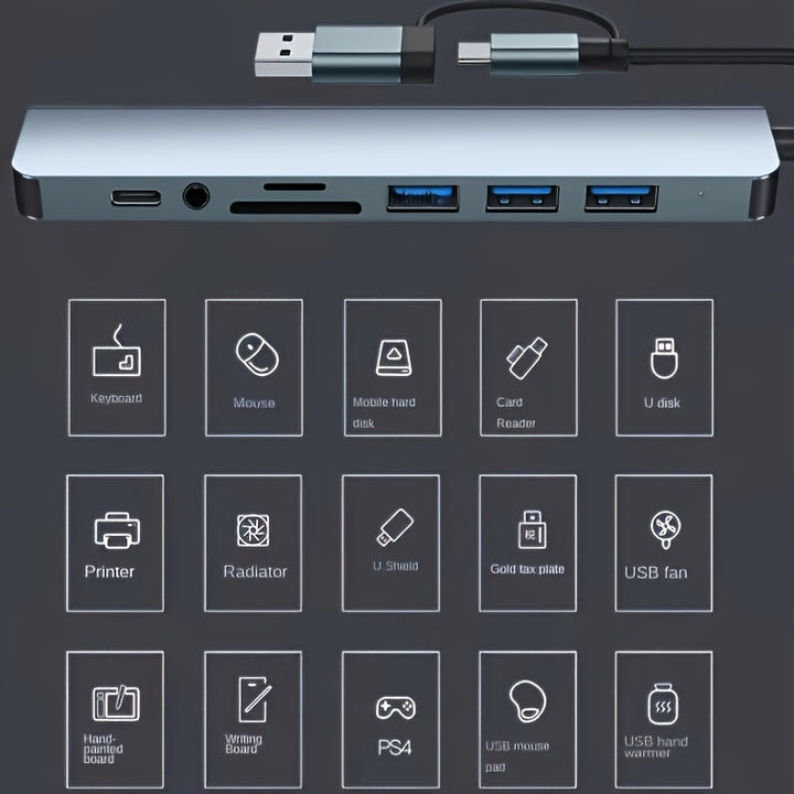 Hub USB multifunción 8 en 1, concentrador USB para computadora, hub USB C, lector de tarjetas TF/SD, salida de audio de 3.5 mm, ideal para transferencia de datos USB en computadoras