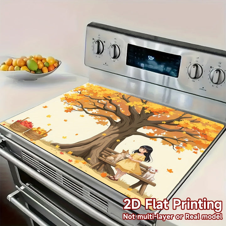 1pc Cubierta para Estufa - Árbol de Otoño con Niña, Hojas Naranja-Amarillas, Protector Resistente a Arañazos y Calor, Compatible con Cocinas Eléctricas/Gas, Alfombra Decorativa Fácil de Limpiar para Hogares Modernos, Diseño 2D Plano