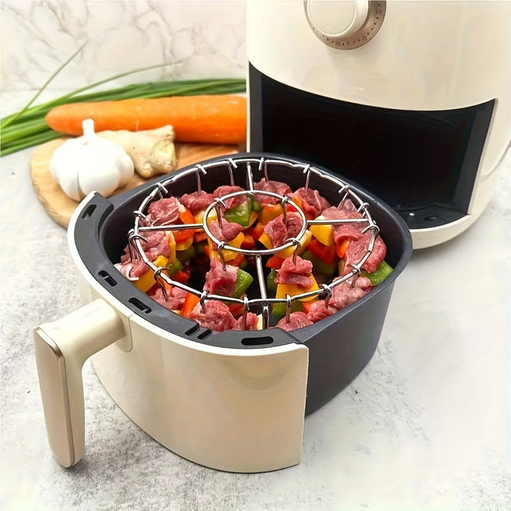 Parilla de Acero Inoxidable con 24 Pinchos para Barbacoa - Perfecta para Pollo, Carne y Verduras, Diseño Redondo Colgante para Distribución Uniforme del Calor, Sin Necesidad de Darle la Vuelta, Fácil de Limpiar, Ideal para Freidora o Horno, Herramienta d