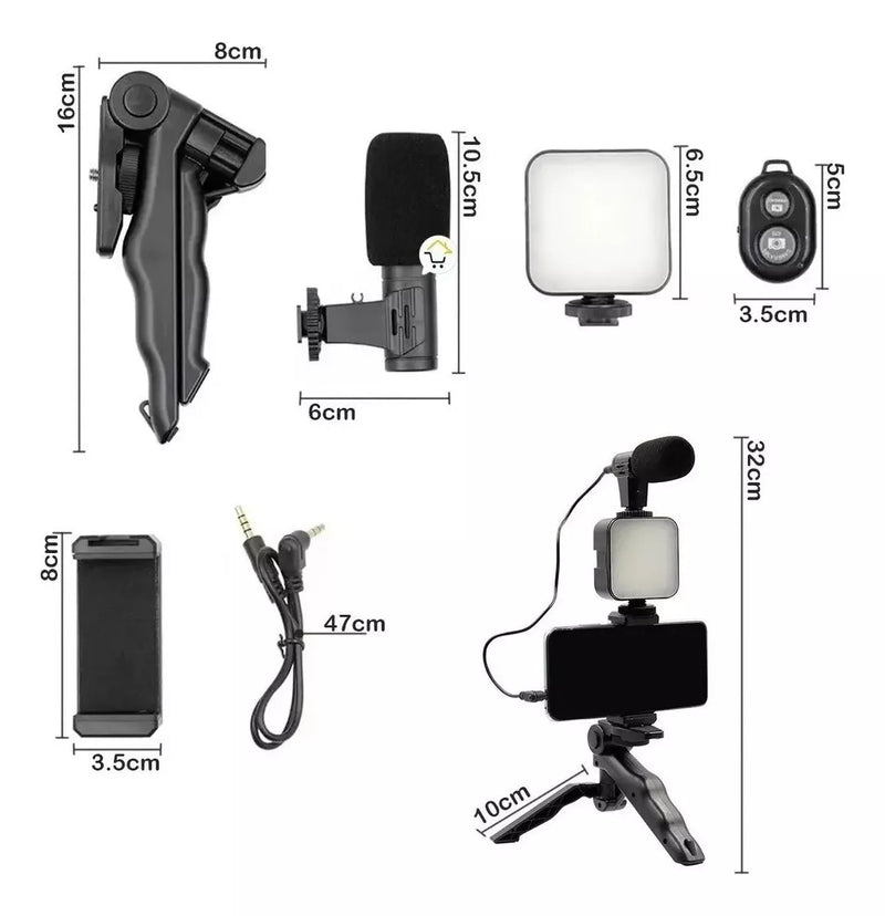 Estabilizador Soporte Celular Luz Led Micrófono + Control Color Negro