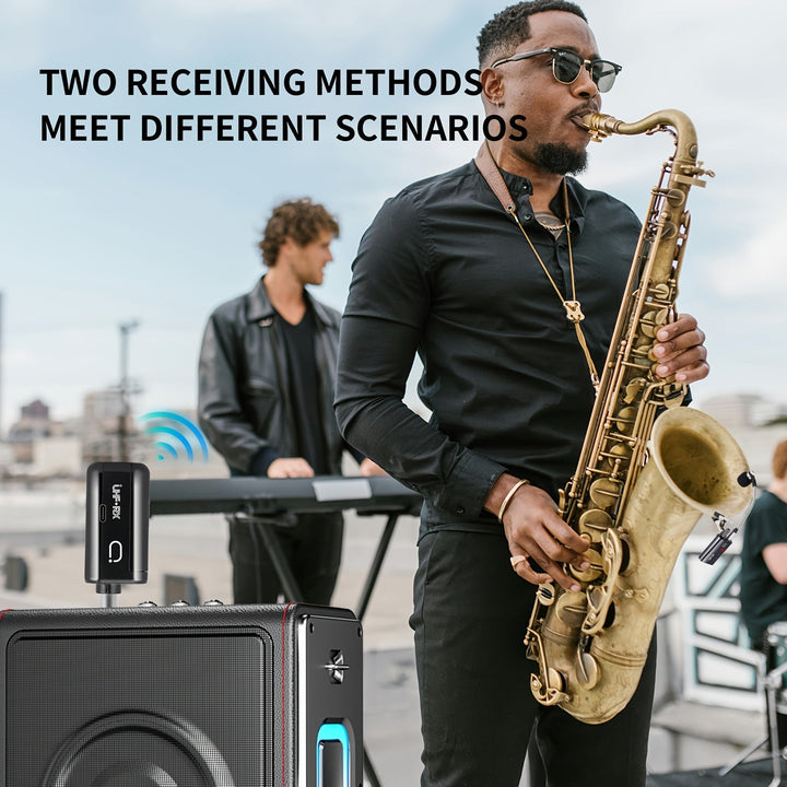Artículo de Mayor Venta 2025: Micrófono sin varillas UHF para Saxofón, Microfono sin varillas para Escenario para Saxos y Trompetas con Sistema Plug-and-Play, Transmisor Recargable y Receptor, Distancia de Transmisión hasta 48.77 metros, Adecuado para Al