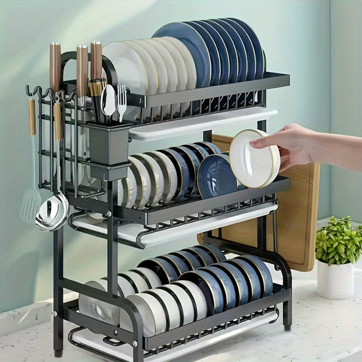 Organizador de Cocina Multifuncional Ever Blooming de 2/3 Niveles con Sistema de Drenaje - Estante de Acero al Carbono para Platos, Cubiertos y Utensilios, Diseño Compacto y Espacioso para Cocinas Pequeñas
