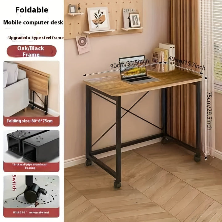 Mesa plegable portátil para el hogar y la oficina - Mesa de estudio para dormitorio, mesa de escritura para estudiantes con estante de almacenamiento y mesa de computadora de 6 ruedas | Adecuada para espacios pequeños, mesa de noche plegable | Marrón