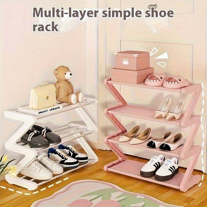 Estante de zapatos de 4 niveles en forma de Z, organizador de almacenamiento de plástico duradero con diseño curvo, fácil de ensamblar, estante de suelo adecuado para sala de estar o dormitorio, no requiere herramientas, pila y ahorra espacio, caja de al