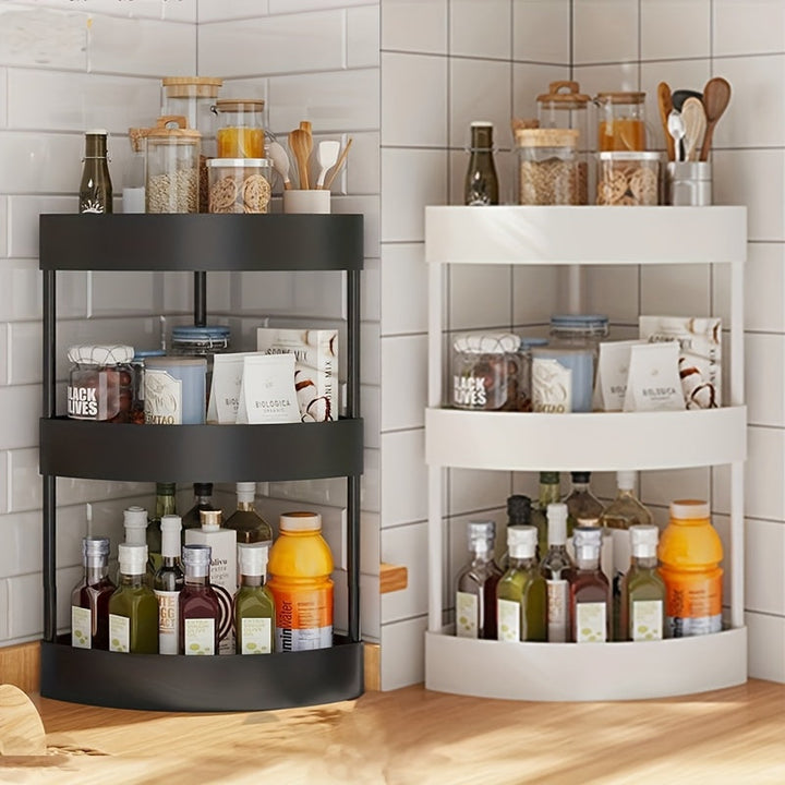 Estante de almacenamiento de esquina de 3 niveles - Negro, blanco y marrón, organizador rotativo para cocina, baño y dormitorio - Plástico duradero, sin necesidad de ensamblaje, diseño que ahorra espacio, organizadores y almacenamiento de baño, estantes