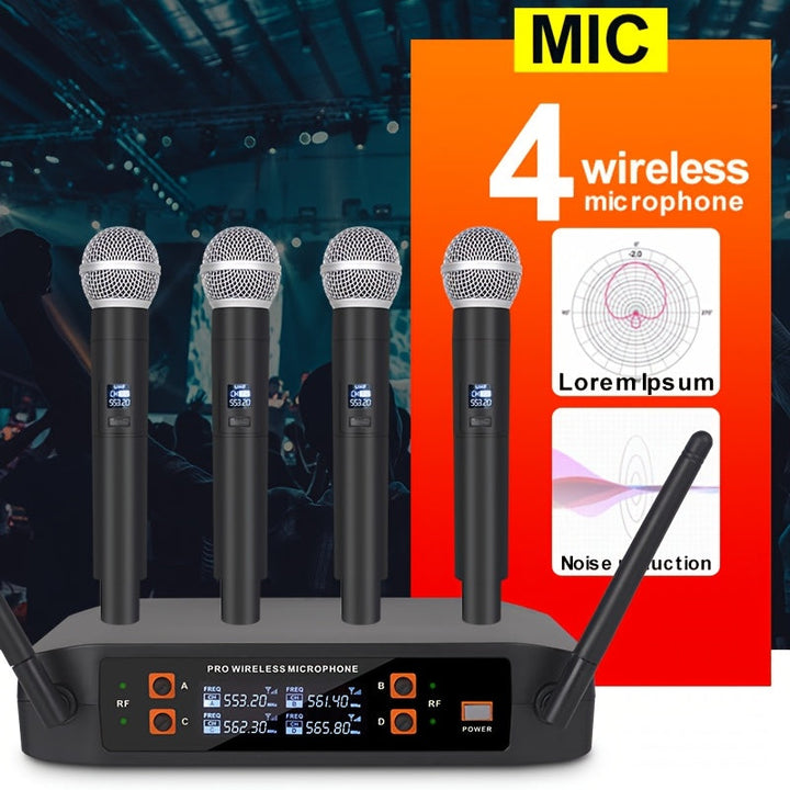 Sistema de micrófono inalámbrico NGUVMN, con cancelación de ruido (ANC), para karaoke, iglesia, DJ, frecuencia ajustable UHF, juego de 4 micrófonos portátiles, recepción de señal fuerte, alimentado por 110-130V AC, con enchufe de EE. UU., para cantar, gr
