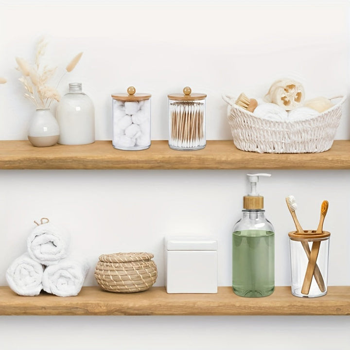 Juego de 4 Accesorios para Baño, Dispensador de Jabón, Portacepillos, 2 Tarros para Hisopos, Decoración Rústica Boho, Set Marrón