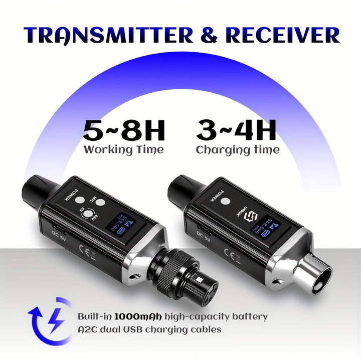 Microfono sin varillas profesional UHF, sistema de micrófonos recargable USB, con ganancia de audio incorporada, calidad de sonido HD sin pérdidas, función de cambio 48/0V en un solo botón, compatible con micrófonos dinámicos y condensadores