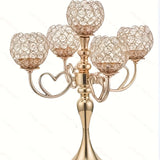 Candelabro de 5 cabezas con cristal dorado - Elegante decoración de mesa para bodas, cumpleaños y cenas románticas, accesorio de comedor romántico | Candelabro de cristal | Base metálica duradera, soporte de velas de cristal