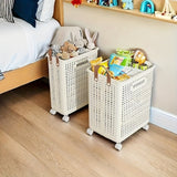 1 cesta de almacenamiento plegable blanca de tamaño medio-grande con ruedas - Organizador que ahorra espacio para toallas, ropa, juguetes y más - Caja plegable portátil de plástico con asas, ideal para el hogar, la cocina, el baño y el spa | Cesta prácti