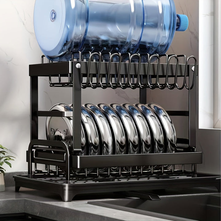 Estante de platos de metal de 2 niveles mejorado con soporte para cuchillos y almacenamiento de utensilios, sistema de drenaje elegante para tazones y platos para encimera de cocina - Sistema de drenaje rotativo