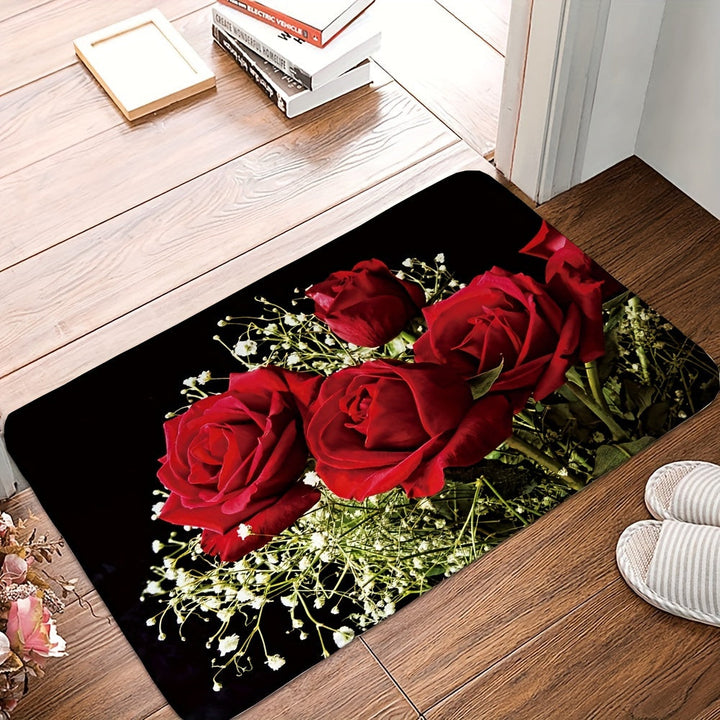 1 alfombra romántica con diseño de rosas rojas, antideslizante de poliéster, elegante decoración floral para sala, dormitorio, baño y hogar, lavable, estilo sofisticado