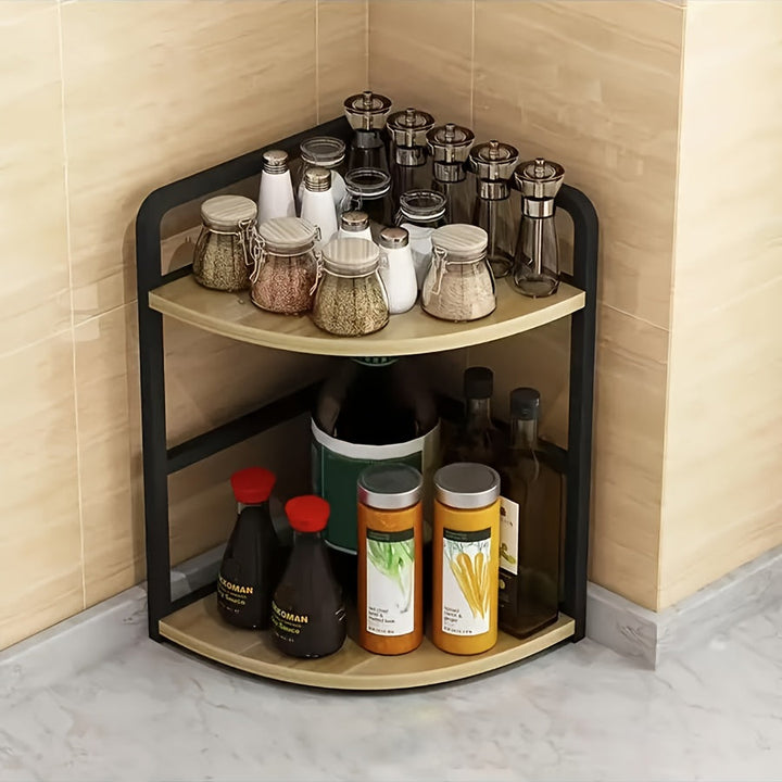 Organizador de Especias de Cocina de 2 Niveles en Acero Inoxidable y Madera Sólida - Estantería Abierta Independiente para Encimera, Rincón o Despensa - Diseño Clásico, Sin Montaje Necesario, Unidad de Almacenamiento para Cocina, Estante de Esquina, Cons