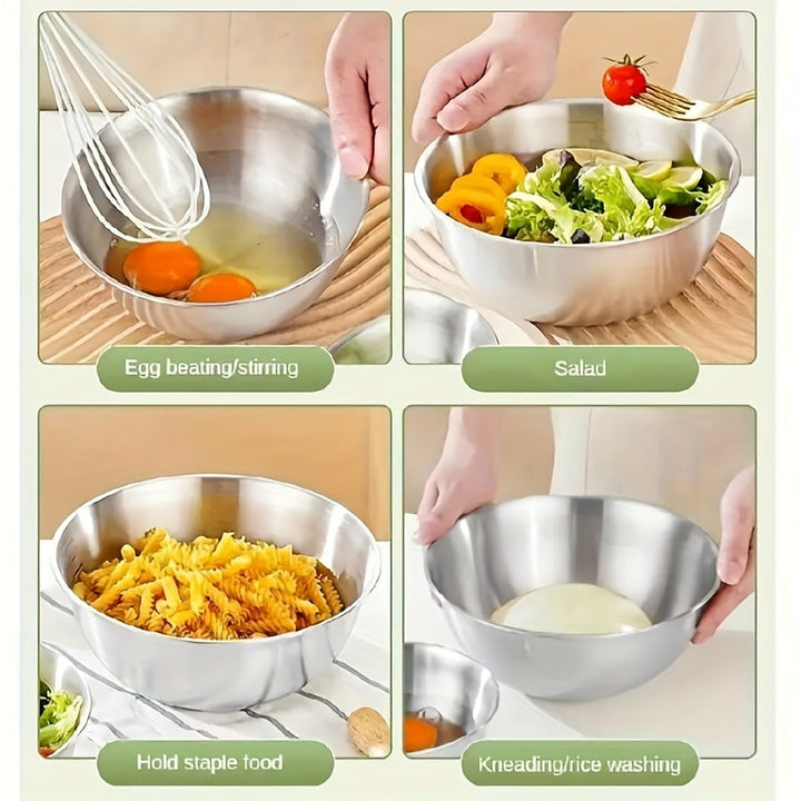 Juego de 3 tazones de acero inoxidable, acabado de metal cepillado, seguro para microondas, tazones redondos con tema de verduras para preparación y almacenamiento de cocina, ideal para BBQ y cocción al aire libre