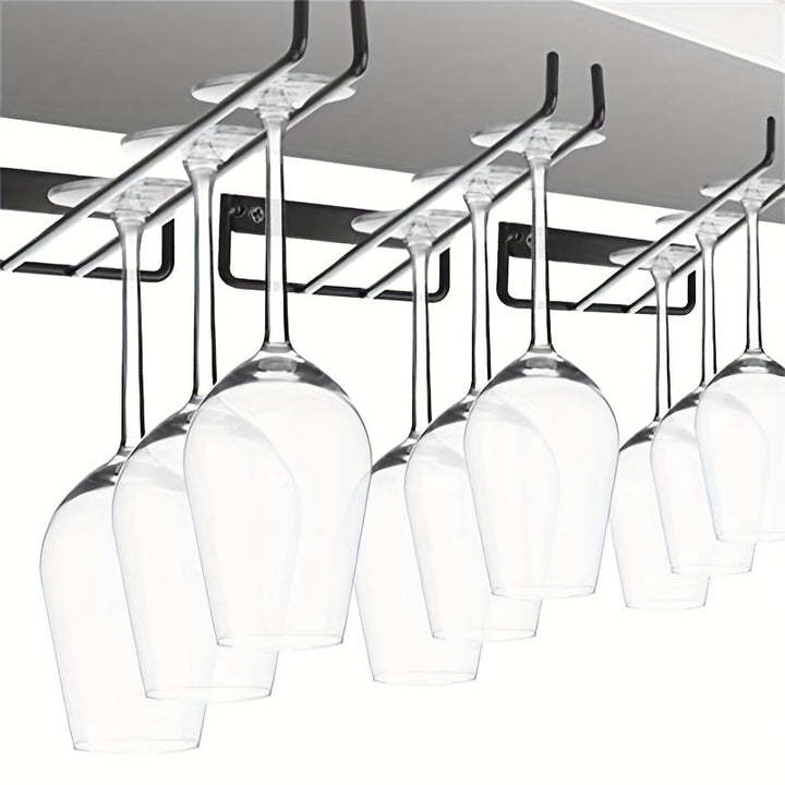 3-Pack/2-Pack/1-Pack Estante para colgar copas de vino de metal negro, soporte para copas invertido montado en la pared, organizador de copas de vino de una sola fila para el hogar, almacenamiento de cocina, organización conveniente de gabinetes y cajone