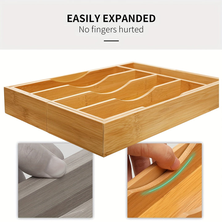 Caixa de Almacenamiento Extensible para Cubiertos de Teca, Organizador de Cajón de Teca, Bandeja para Utensilios con Divisores Estriados, Adecuado para la Organización de Cubertería y Herramientas de Cocina en Dormitorio o Sala de Estar