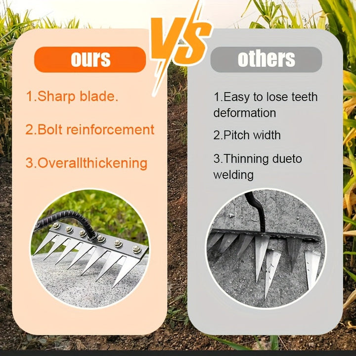 1 Herramienta Multifuncional de Alta Resistencia - Rastrillo de Hierro, Acero al Carbono Anticorrosivo. Ideal para Deshierbe/Reconversión de Tierras/Suelos Sueltos, Cultivación Fácil y Rápida a 5-6 cm de Profundidad