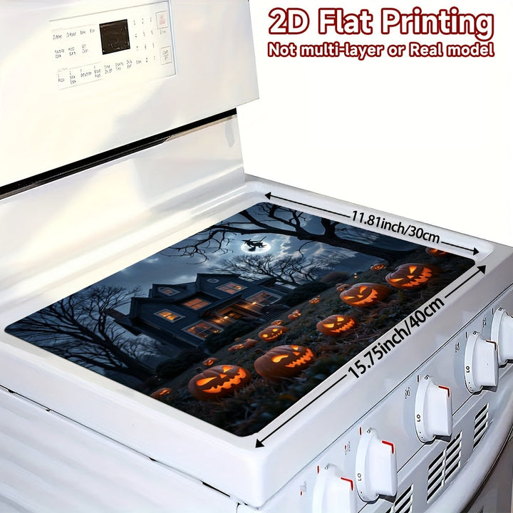 1pc Alfombrilla para Estufa de Halloween - Escena Espeluznante de Cementerio con Calabazas Iluminadas, Noche de Luna Llena - Compatible con Cocinas a Gas/Inducción, Lavadoras y Secadoras - Protector Fácil de Limpiar - Decoración Perfecta para Fiestas Tem