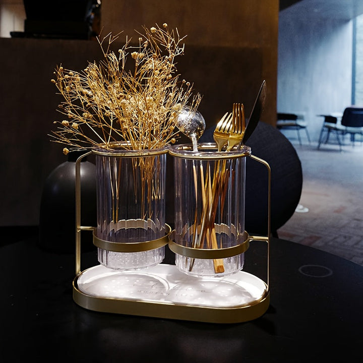 Porta Utensilios de Lujo Ligero | Soporte de Hierro + Bandeja Transparente PET para Cuchillos, Tenedores y Cucharas | Organizador de Encimera sin Taladro