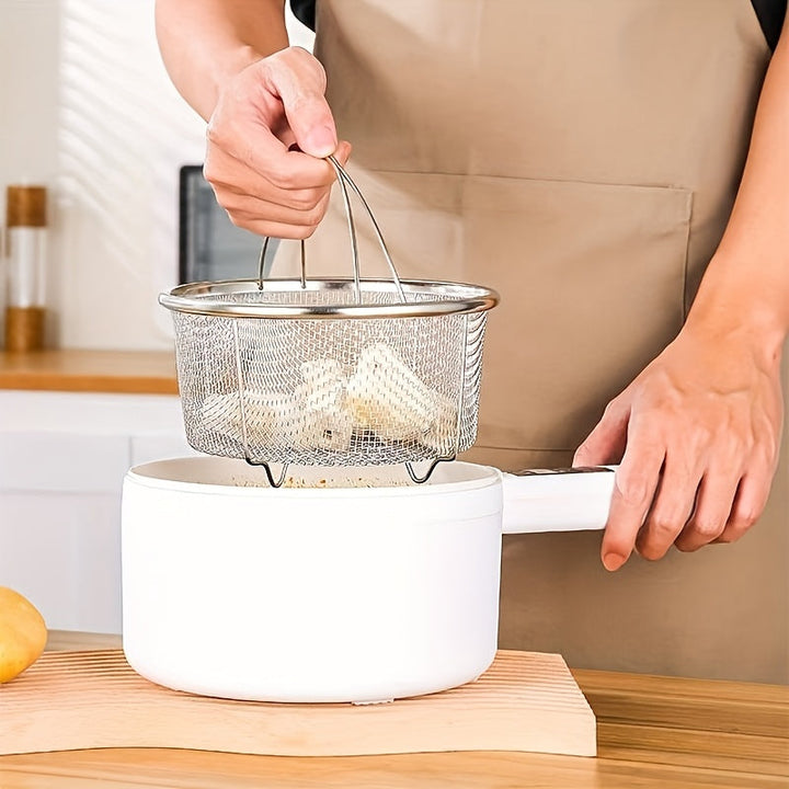 1pc Cesta de malla de acero inoxidable con asa, inserto de vaporizador multifuncional para olla, colador versátil para freír, hervir, cocinar al vapor, con diseño de prevención de escaldaduras, para verduras, mariscos