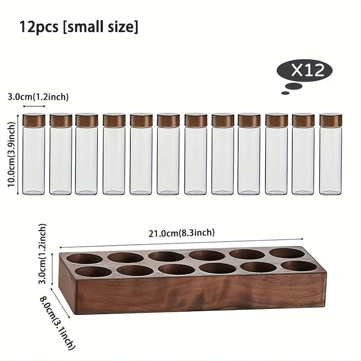 Juego de 6/12 Contenedores Multifuncionales, Frascos de Vidrio con Tapas ABS y Bases de Nogal para Café, Semillas, Miel, Especias y Aceites Esenciales - Incluye Soporte Decorativo, Ideal para Cafeterías y Cocina