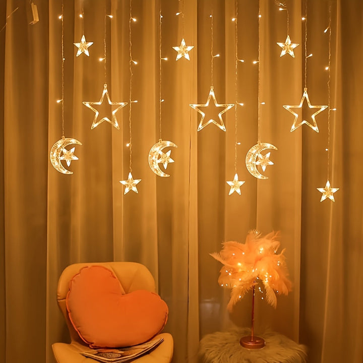 1 juego de luces LED de cortinas de hadas, 3m ajustables con modos múltiples, con estrellas y lunas, plástico, independiente, para Ramadan, bodas, cumpleaños, graduación, decoración de fiestas, jardín romántico de fantasia, operadas con baterías AA (no i