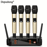 Sistema de micrófono inalámbrico DEPUSHENG, kit de micrófono portátil de 4 canales, con recepción de doble canal, control de volumen, patrón polar unidireccional, conector de 6,35 mm, enchufe estadounidense, fuente de alimentación 110-130V, para escenari