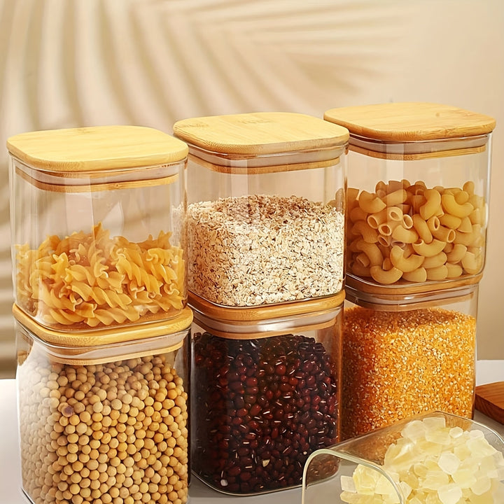 12 piezas en un conjunto, frascos sellados para alimentos apilables, botellas de vidrio de borosilicato de alta calidad con tapas de bambú, cajas de almacenamiento de granos de cocina, contenedores a prueba de humedad.
