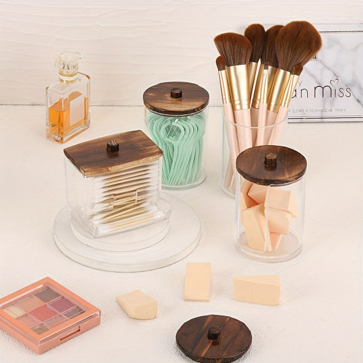 4-Pack Frascos de Boticario de Plástico con Tapas de Madera, 10/7oz Dispensador de Qtip para Baño, Contenedores de Baño para Hilo Dental, Bolas, Hisopos, Almohadillas Redondas