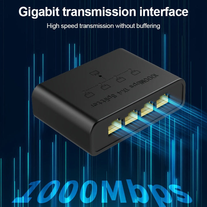 Extensor de Red Ethernet, soporta hasta 1Gbps, expande un cable a cuatro puertos, plug-and-play, amplia compatibilidad, alta potencia, enfriamiento eficiente, rendimiento estable, operación rápida y segura, compacto y portátil. Ideal para uso en hogar u