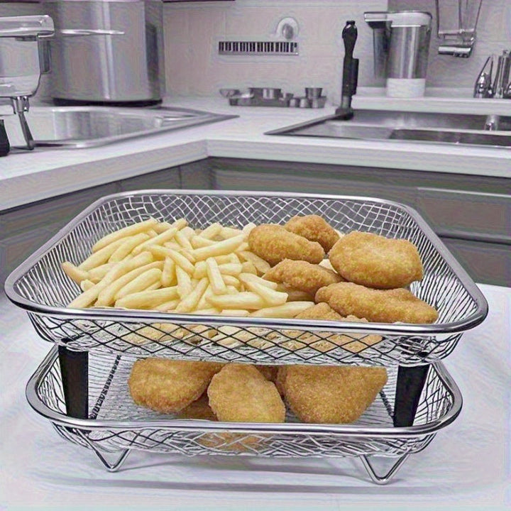 Juego de 6 Accesorios para Freidora de Aire de Acero Inoxidable: Rejilla Apilable, Base Elevadora - Compatible con Horno, Olla a Presión y la Mayoría de Freidoras. Rejilla Multifuncional Duradera y Segura con Diseño de Drenaje, Ideal para Papas Fritas, A