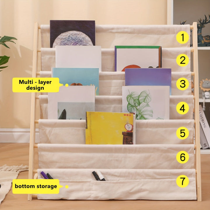 1pc Estante de Madera Clásico Multinivel con Almacenamiento en Tela - Organizador Versátil para Libros, Revistas y Archivos | Ideal para Estudio, Dormitorio o Oficina | Sin Necesidad de Energía