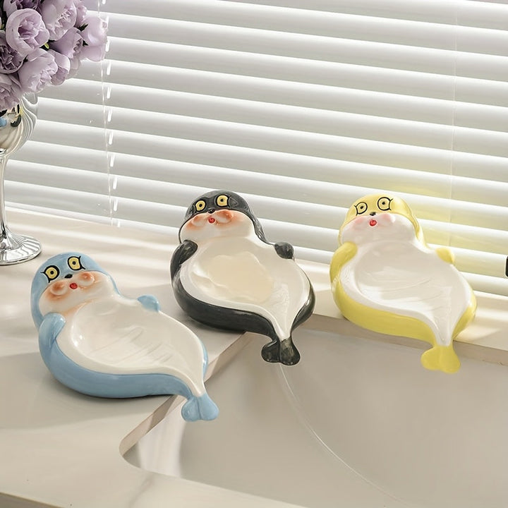 Caja de Jabón con Diseño de Foca de Dibujos Animados (1 pieza) - Soporte para Jabón Cerámico con Desagüe, Diseño Rectangular Lindo para Baño o Encimera del Inodoro, Estantes Creativos para Uso Doméstico
