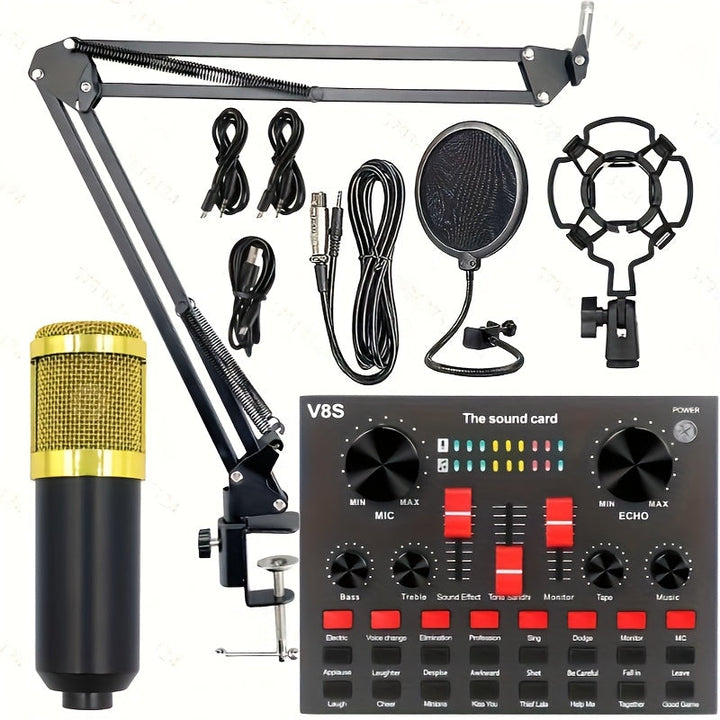 Equipo de podcast, conjunto de micrófono condensador con cable BM800 con tarjeta de sonido en vivo V8S, conjunto de micrófono con cable de 6,35 mm, conjunto de sonido en vivo, grabación de música estéreo externa para computadora, soporte de micrófono aju