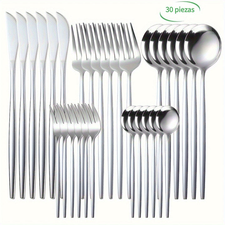 Juego de Cubiertos de Acero Inoxidable de 30 Piezas, Juego de Cuchillo Tenedor Cuchara, Juego de Vajilla, Incluye Juego de Cuchillo Tenedor Cuchara, Apto para Casa, Restaurante, Hotel, Fiesta, Boda, Lavavajillas