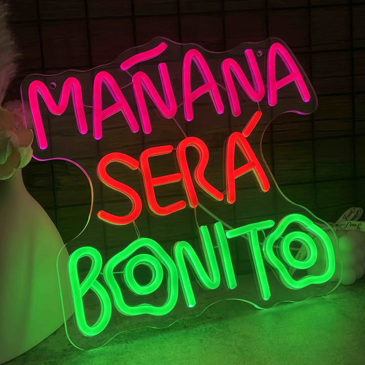 Una pieza de un vibrante letrero de neón: una elegante decoración de pared con luz LED de neón que mejora el ambiente, con una iluminación nocturna brillante y llamativa, con el refrán español "Mañana será hermoso". Funciona sin pilas y tiene un control