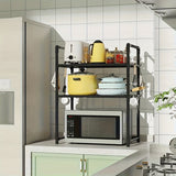 Un estante de almacenamiento de cocina con asas, ideal para hornos microondas y tostadores, incluye ganchos laterales para toallas, resistente y duradero, perfecto para uso doméstico.